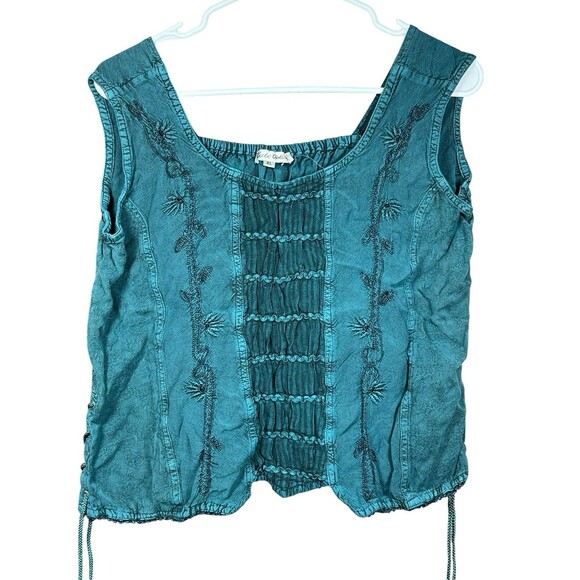 Cute Options XL Boho Embroidered Peasant Tank Corset Lace Up Teal Renaissance - Picture 1 of 8